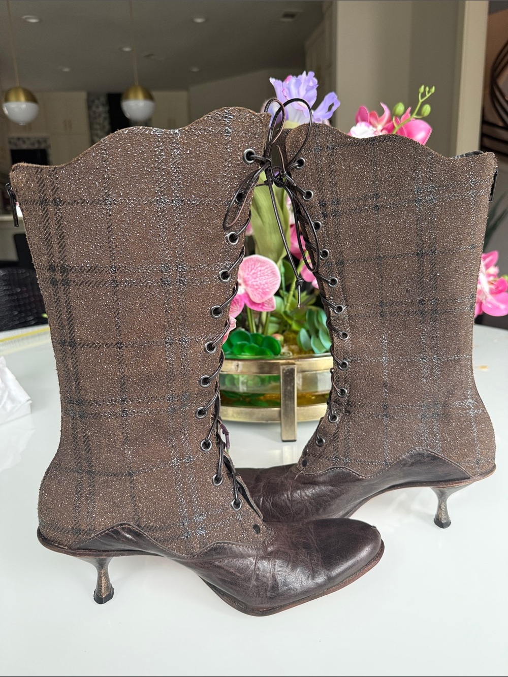 CYDWOQ Brown Leather Plaid Lace Up Victorian Boots 38.5 USA